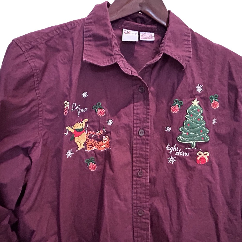 Disney's Winnie The Pooh Plum Color Christmas Long Sleeve Button Up Shirt XLARGE